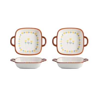 Imagem de Conjunto de utensílios domésticos simples e personalizados, tigela de cerâmica com orelhas duplas, prato de servir, tigela de arroz - prato quadrado de 23 cm com orelhas duplas - 2 pacotes