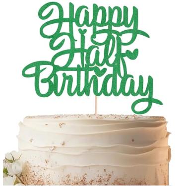 Imagem de EONNCNT Topo de bolo Happy Half Birthday - Glitter verde 6 meses artigos de decoração de bolo de aniversário para meninos ou meninas chá de bebê, revelação de gênero ou 1/2 artigos de festa de