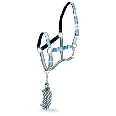 Imagem de Jeffers Conjunto de cabresto e corda de chumbo com cabeça de álamo, tamanho completo – Frente única ajustável de nylon acolchoado forrado com lã para cavalos – Equipamento de treinamento equestre para