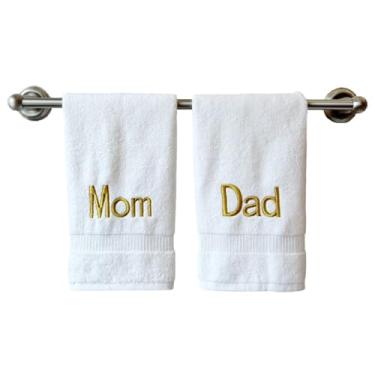 Imagem de Toalhas de mão brancas com monograma para banheiro - Toalha bordada inicial personalizada de qualidade de hotel de luxo para lavabo, spa - Certificado orgânico GOTS - Conjunto de 2 ouro Dad & Mom