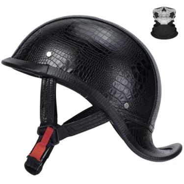 Imagem de QUICKOOL Capacete de motocicleta retrô de couro para adultos, homens e mulheres, capacetes de beisebol aprovados pelo DOT, capacetes vintage feitos à mão para Cruiser Chopper Scooter Cafe Racer (preto