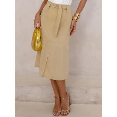 Imagem de Saia Midi em Linho com Bolsos Funcionais e Cinto Removível - Lumia, Cr