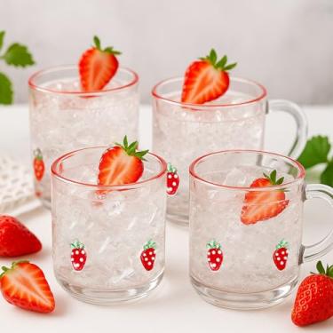 Imagem de SiliFine Pacote com 4 copos de vidro de morango, caneca de suco de 400 ml, com alça, copos transparentes duplos, à moda antiga, para coquetéis soprados à mão para presente de festa de frutas de verão