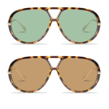 Imagem de GRFISIA Óculos de sol aviador retrô para mulheres, homens, modernos, grandes, redondos, óculos escuros vintage, (2 peças) tartaruga/verde + tartaruga/marrom, 2 Pack
