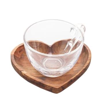 Imagem de WOLFF - Conjunto 6 Xícaras de Chá de Cristal com Prato em Madeira Teca Coração 190ml - Woodart