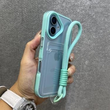 Imagem de Capa tipo carteira de luxo transparente com compartimento para cartão para iPhone 16, 15, 14 Plus, 12, 11, 13 Pro Max, alça de pulso de silicone macio, capa de corda de mão, ciano, para iPhone 16 Pl