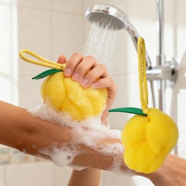 Imagem de Esponja de banho em forma de fruta esponja de banho esfregão corporal de malha macia esponja de banho em forma de fruta para mulheres e homens, acessórios de banho (limão, 9 x 9 x 7 cm)