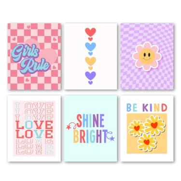 Imagem de Bgohrd Conjunto de pôsteres rosa preppy, impressões de arte de parede de flores sorridentes rosa para decoração de sala de estar, pôster moderno de pintura brilhante para quarto de dormitório de