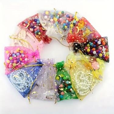 Imagem de Bolsa de presente de malha colorida com design de lua e estrela, embalagem de presente para festas de casamento, dia dos namorados, Natal, dia das bruxas e ação de graças.