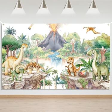 Imagem de Mocsicka Pano de fundo de dinossauro com desenho animado de dinossauro decoração de festa de aniversário para crianças, decoração de chá de bebê, dinossauro fofo, faixa fotográfica (1,8 x 1,1 m)