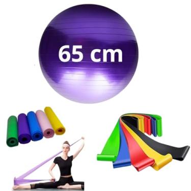 Imagem de Kit Bola Suíça Pilates 65cm com Faixa Elástica e 5 Mini Bands Treino Funcional Yoga Fisioterapia (Roxo)