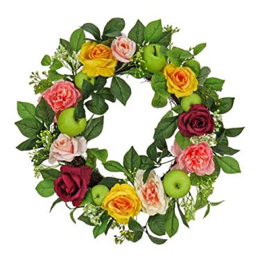 Imagem de National Tree Company Guirlanda de primavera artificial, base de ramo tecido, decorada com flores de rosa e peônia, maçãs, folhas verdes, coleção de primavera, 55 cm