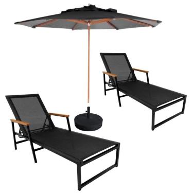 Imagem de Kit 2 Espreguiçadeiras Confortável Reclinável Piscina Jardim + Ombrelone Preto