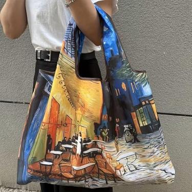 Imagem de Sacola reutilizável de grande capacidade, design chique de pintura a óleo, dobrável, bolsa de compras de nylon lavável para mulheres, bolsa de ginástica com alça de pulso, perfeita para supermercado