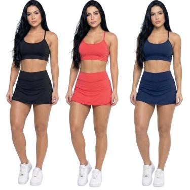 Imagem de KIT 3 Conjunto Top Alça Fina E Short Saia Vekyo Roupa Para Academia Treino Moda Fitness Musculação-Feminino