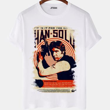 Imagem de Camiseta masculina Han Solo Star Wars Cartaz Vintage Camisa Blusa Branca Estampada