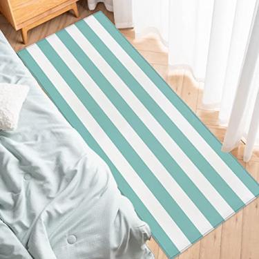 Imagem de Tapete de corredor, listrado, azul (aqua) e branco, antiderrapante, tapete para corredor, tapete para lavanderia, cabeceira, banheiro, quarto, 40 x 128 cm