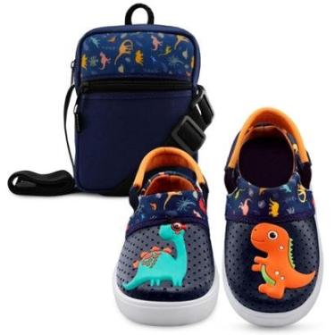 Imagem de Kit Sandália Babuche Infantil Menino Dinossauros Com Shoulder Bag Marinho/Colorido Mz Shoes-Masculino