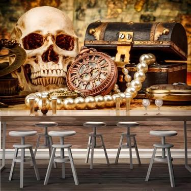 Imagem de Lcythiazole Mural de parede pirata mapa náutico, globo, telescópio, joia mural de parede de caveira adequado para restaurante, sala de estar e quarto tamanho personalizável descascar e colar