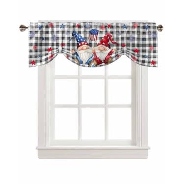 Imagem de Cortinas de amarração de gnomo azul vermelho para janelas, dia da independência, bandeira americana, preto, xadrez, bolso de haste, cortina de amarrar, ajustável, tratamento de janela curta para