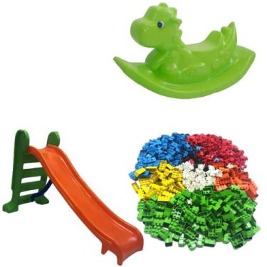 Imagem de Kit baby infantil escorregador médio com 3 degraus + gangorrra dino su