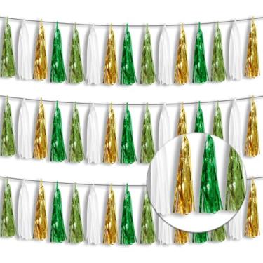 Imagem de Xuuf Faixa De Com Franjas Metálicas 3P, Guirlanda Fitas Ouropel, Cortina Parede, Banners Fundo Para Carros Alegóricos, Decorações Formatura, Decoração Festa Na Floresta (Verde-Sálvia E Dourado)