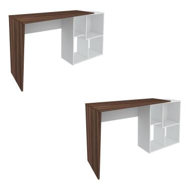 Imagem de Kit 2 Mesas Escrivaninha 2 Em 1 Com Nichos Arbo A06 Ipê/branco - Mpozenato