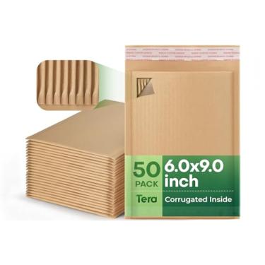 Imagem de Tera Envelopes de envio 6 x 9 sacos: pacote com 50 sacos de correio recicláveis 80gsm kraft espesso autoselo ondulado dentro de envelopes rígidos para maquiagem CDs computador fotos arquivo cartão