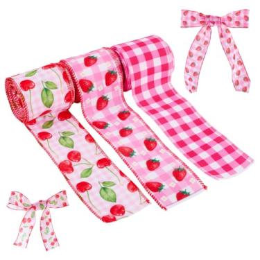 Imagem de Handship 3 rolos de fitas de borda de poliéster de 6 cm com padrão xadrez de morango cereja fita de borda com fio para primavera verão acessórios de vestuário embrulhar artesanato faça você mesmo