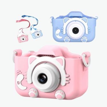 Imagem de Câmera Digital Infantil Kids Gatinho HD Portátil Tela LCD Recarregável Brinquedo Educativo Antichoque Fotográfico Vídeo com Cabo USB Alça de Segurança Rosa/Azul