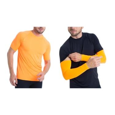 Imagem de Kit Camiseta Curta Masculina e Manguito Esportiva Proteção UV50+ Academia Fitness Trygg (GG-G, Laranja Neon)