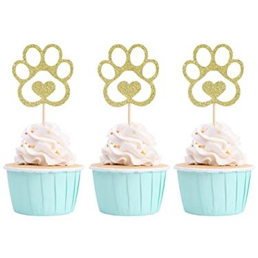 Imagem de Topos de cupcake com estampa de pata de cachorro – Conjunto de 12 peças, decorações de festa de aniversário para filhotes, suprimentos para decorações de bolos de festa com tema de animais de estimação, decorações de festa de chá de bebê