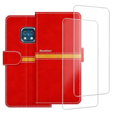 Imagem de ESACMOT Capa de celular compatível com Nokia XR20 + [2 unidades] película protetora de tela de vidro, capa protetora magnética de couro premium para Nokia XR20 (6,7 polegadas) vermelha