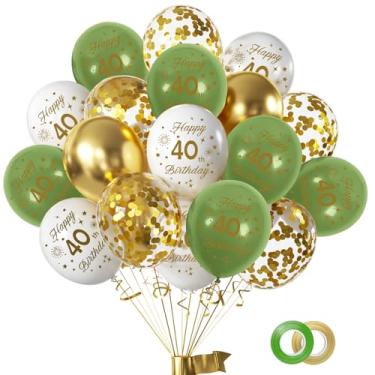 Imagem de Balões de aniversário de 40 anos, 16 peças, verde sálvia, dourado, branco, balões de confete de látex para feliz aniversário de 40 anos, verde sálvia e dourado, balões de festa para homens e mulheres