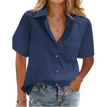 Imagem de Camisa feminina HOTOUCH Button Up, casual, folgada, decote em V, azul 