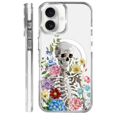 Imagem de OKBUOK Capa para iPhone 16 Plus [compatível com Magsafe], capa magnética transparente de silicone à prova de choque com estampa de flores e caveira
