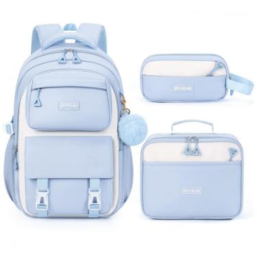 Imagem de Mochila escolar Fimibuke infantil juvenil azul, conjunto 3 peças com lancheira térmica e estojo, impermeável