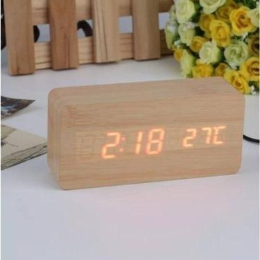 Imagem de Relogio Despertador Mesa Digital Madeira Com Sound Control Marfim