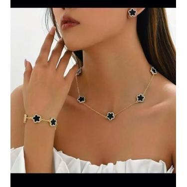 Imagem de Conjunto Luxuoso Joias Trevo Prata Ouro 18K Ônix Negro Colar, Pulseira