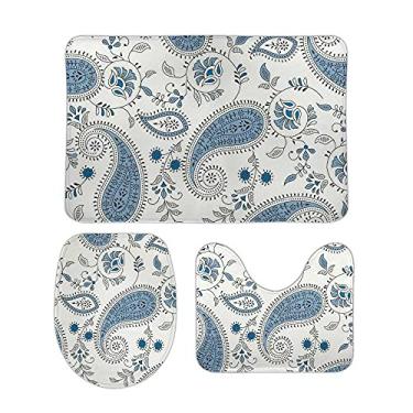 Imagem de Conjunto de tapetes de banheiro e 3 peças padrão azul étnico Paisley, tapete de banheiro de espuma de memória, lavável, antiderrapante, tapete de contorno e tampa para banheiro
