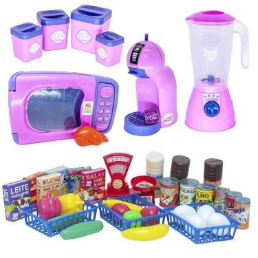 Imagem de Kit Cozinha Infantil Menina Rosa Mercado Microondas Pote 42p - Altimar
