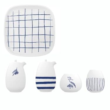 Imagem de Galeteiro completo em porcelana (Dispenser de azeite/Vinagre/Sal/Pimenta), modelo Bold, No Fundo do Prato, 5 peças, Germer, Branco com detalhes em azul