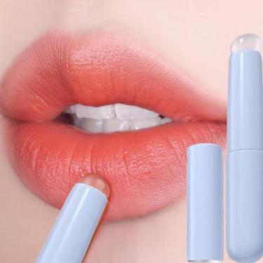 Imagem de Conjunto aplicador de pincel labial de silicone para brilho labial, batom, corretivo – sem óleo, ferramenta de maquiagem flexível para esmalte labial e cuidados labiais com tampa corretiva (azul)