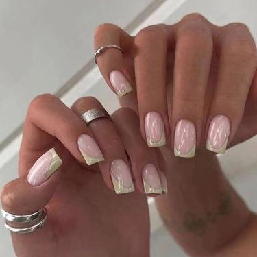 Imagem de Kit de unhas de pressão médias quadradas francesas verdes claras com design simples e moderno, capa completa, prensas, acrílico artificial, bastão falso para mulheres, uso diário, casamento, 24 peças
