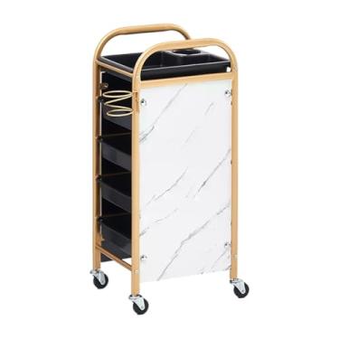 Imagem de Carrinho de barbearia dourado multifuncional com bancada, carrinho de armazenamento de salão de 5 gavetas, grande capacidade, fácil de mover, ideal para beleza, spa, tatuagens