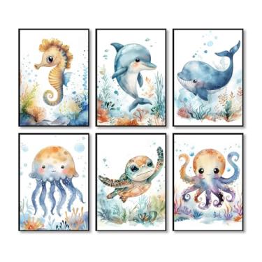 Imagem de Impressão de berçário de animais oceânicos desenho animado tartaruga marinha baleia pôster aquarela animais marinhos pintura em tela decoração de parede quarto infantil (SKU7-6PCS, 20.3x30.5 cm =