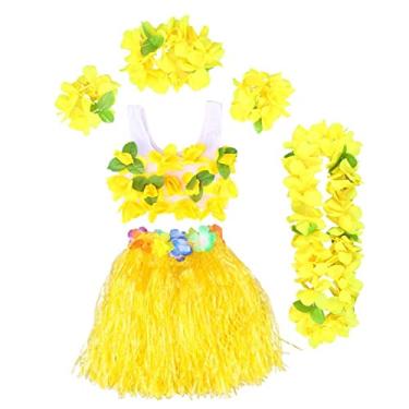 Imagem de ACHVAC Guirlanda de Natal artificial 6 peças Havaí tropical hula grama dança saia crianças flores leis pulseiras faixa de cabeça colar sutiã conjunto fantasia de festa havaiana (cor: amarelo)