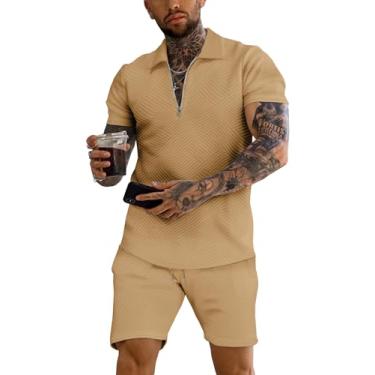 Imagem de URRU Conjunto masculino de camisa polo e shorts, roupas de verão, moda casual, manga curta, conjunto de 2 peças, Marrom claro, G