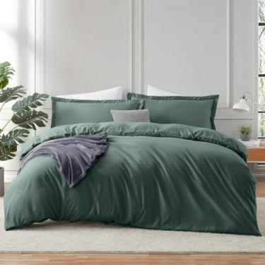 Imagem de Hearth & Harbor Capa de edredom verde floresta com lençol de elástico tamanho Queen – Conjunto de cama macio de 4 peças, inclui 1 capa de edredom com fecho de botão, 1 lençol com elástico, 2 fronhas