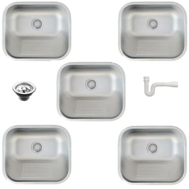 Imagem de kit 5 tanques para lavanderia inox de embutir ou sobrepor40x34 escovado com valvula e sifão incluso